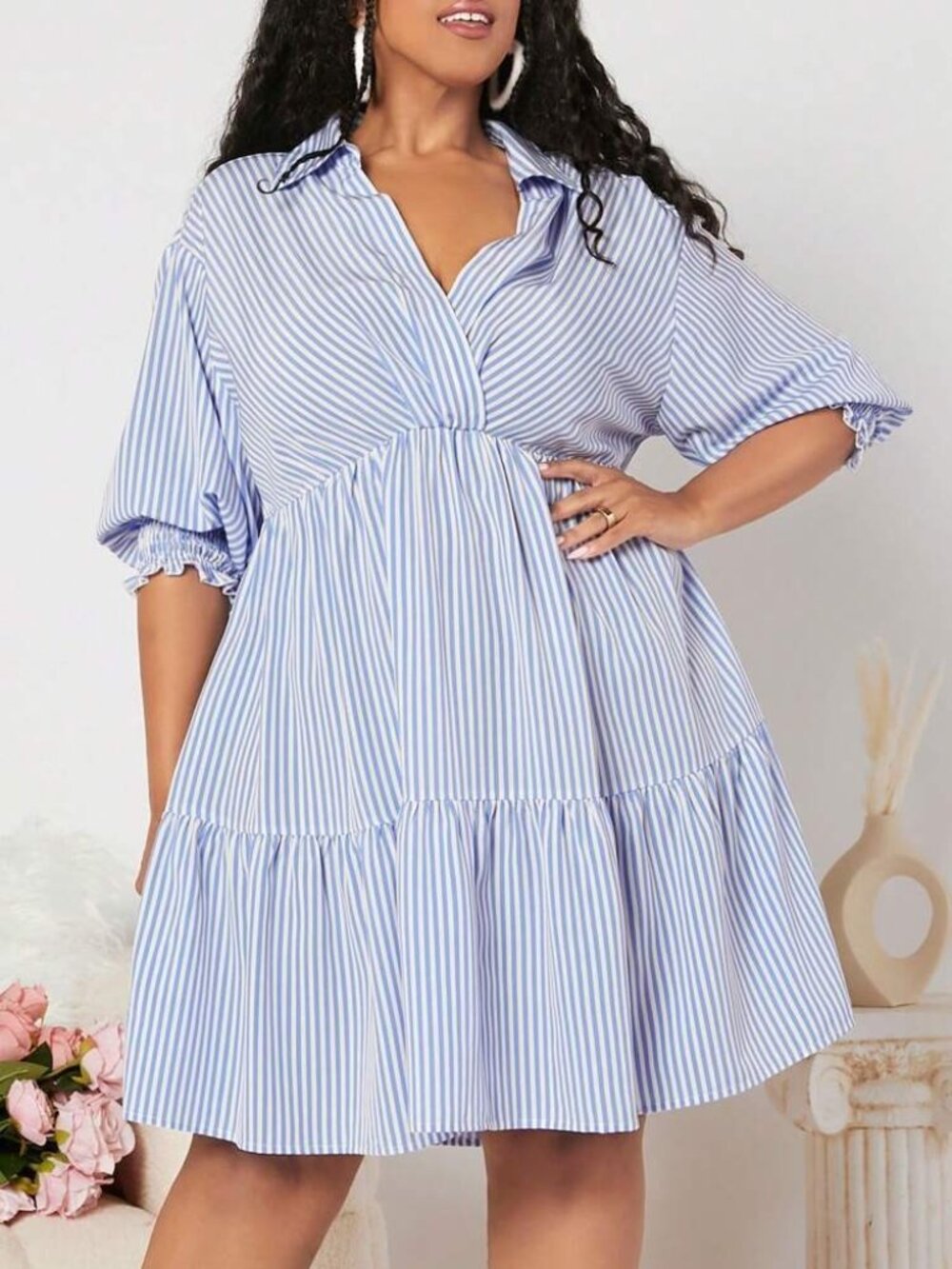 Shein Curve 2XL Blue White Striped Ruffle Dress Tiered Casual Spring